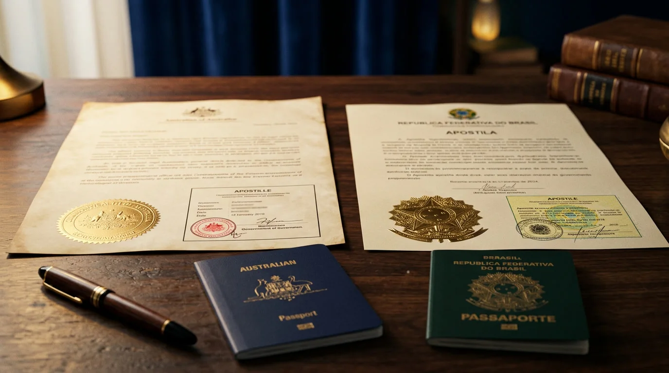 Documentos australianos e brasileiros com apostila e selo dourado