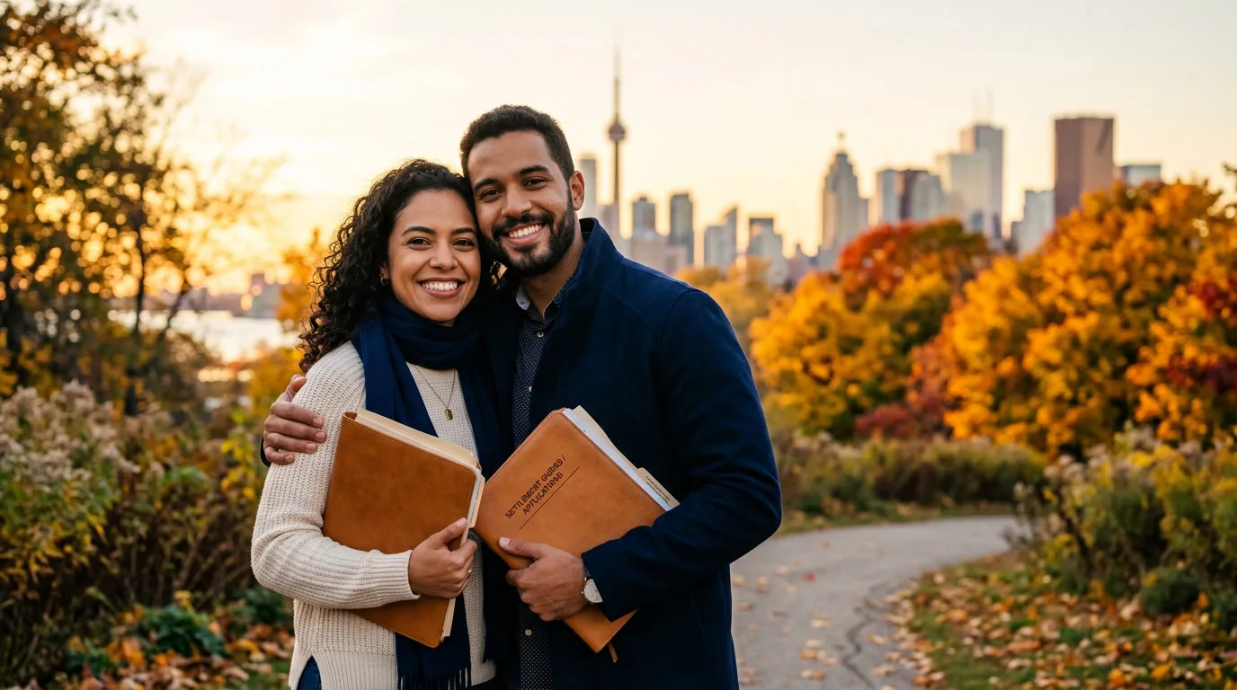 Casal brasileiro com documentos no Canadá, com skyline de Toronto ao fundo
