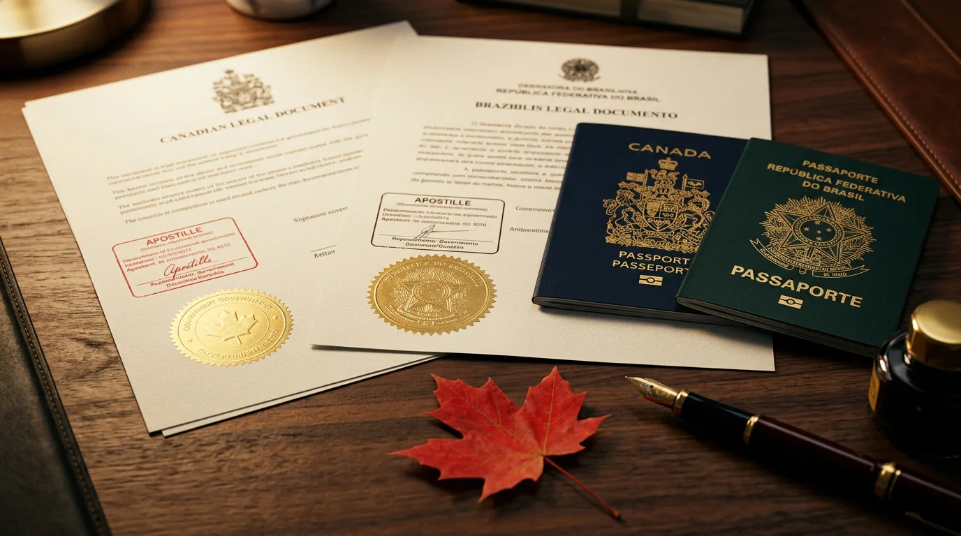 Documentos canadenses e brasileiros com apostila e selo dourado