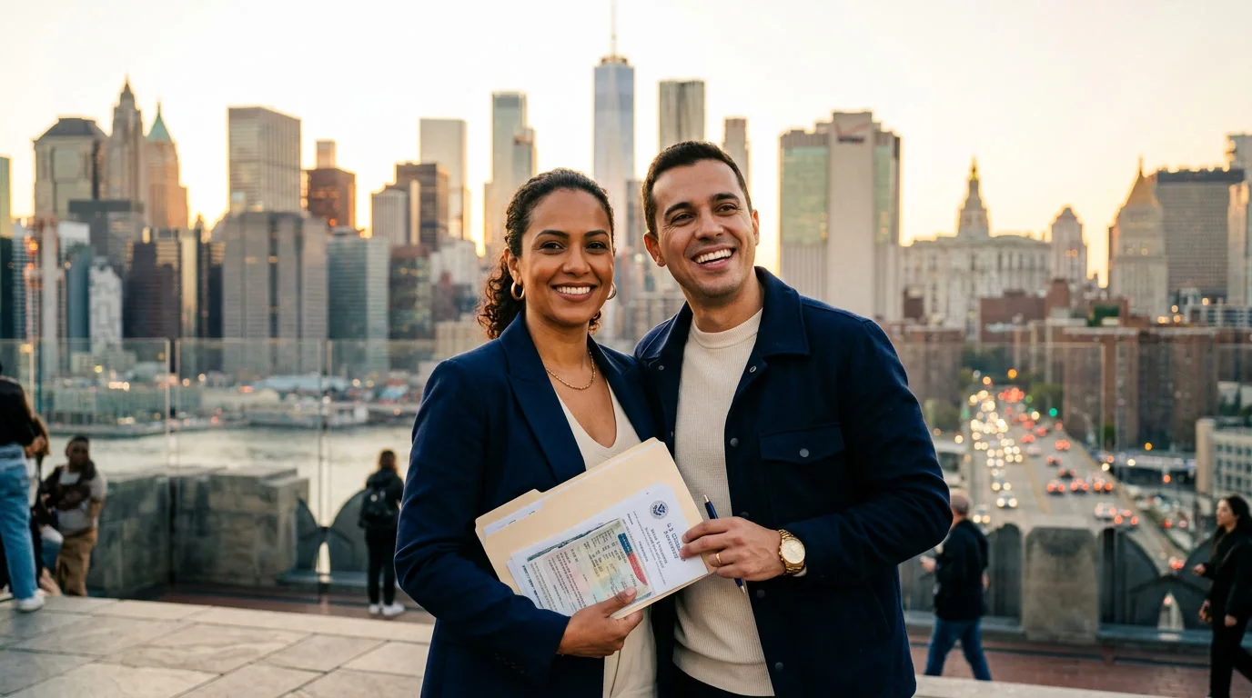 Casal brasileiro com documentos em uma cidade dos Estados Unidos