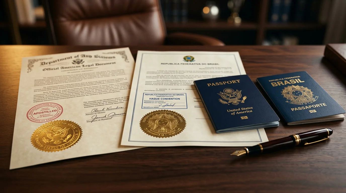 Documentos americanos e brasileiros com apostila e selo dourado